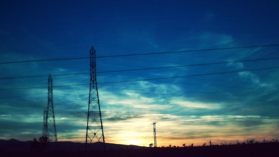 black steel tower, blue, sky, texture, power lines HD wallpaper