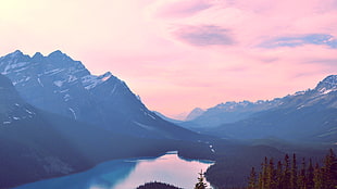 black mountain, mountains, river, grass, sky