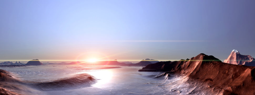 brown mountains, landscape, multiple display, digital art HD wallpaper
