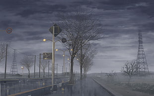 lamp post near trees and street painting, road, anime