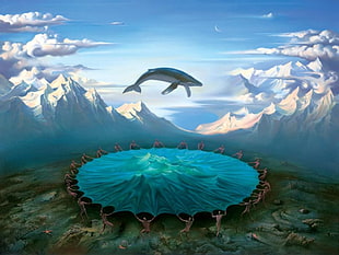 whale above people artwork, fantasy art, whale HD wallpaper