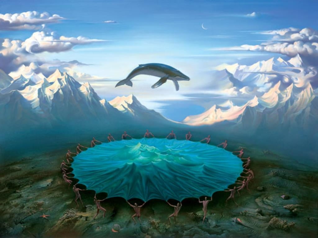 whale above people artwork, fantasy art, whale