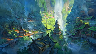 several temples illustration, cliff, house HD wallpaper