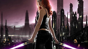 woman in black camisole holding two lightsabers
