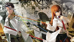 woman wearing white long-sleeved shirt beside man wearing white long-sleeved shirt anime characters