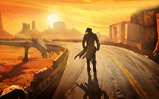 cowboy animated character walking along ruined bridge wallpaper, video games, video game characters, Fallout: New Vegas, Lonesome Road HD wallpaper
