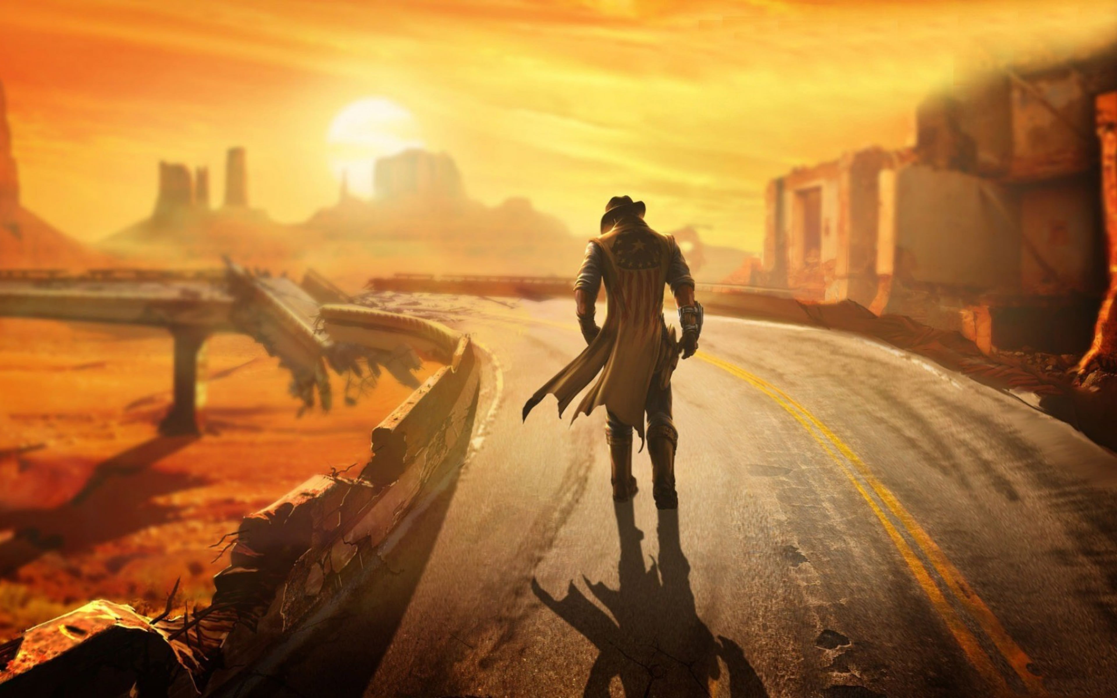 cowboy animated character walking along ruined bridge wallpaper, video games, video game characters, Fallout: New Vegas, Lonesome Road