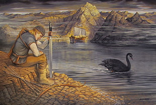 painting of man holding sword, painting, swan, river, sword