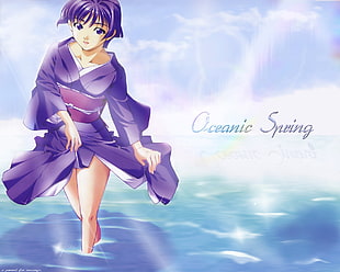 purple haired girl anime character illustration with Oceanic Spring text overlay HD wallpaper