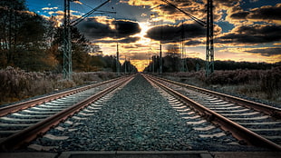brown steel trail rail, railway, sunset, Germany HD wallpaper