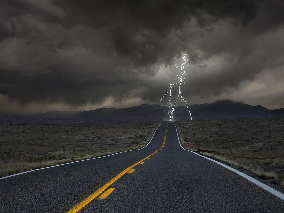 gray asphalt road, road, storm, lightning, desert HD wallpaper