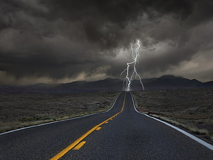 gray asphalt road, road, storm, lightning, desert