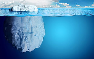 white ice berg, iceberg, sea, split view, digital art HD wallpaper