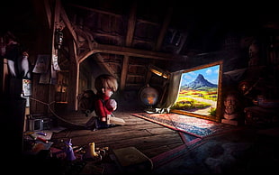 boy wearing red jacket sitting on wood floor facing pathway background of mountain illustration, fantasy art, illustration, digital art, children