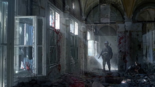person standing near wall poster, artwork, concept art, soldier