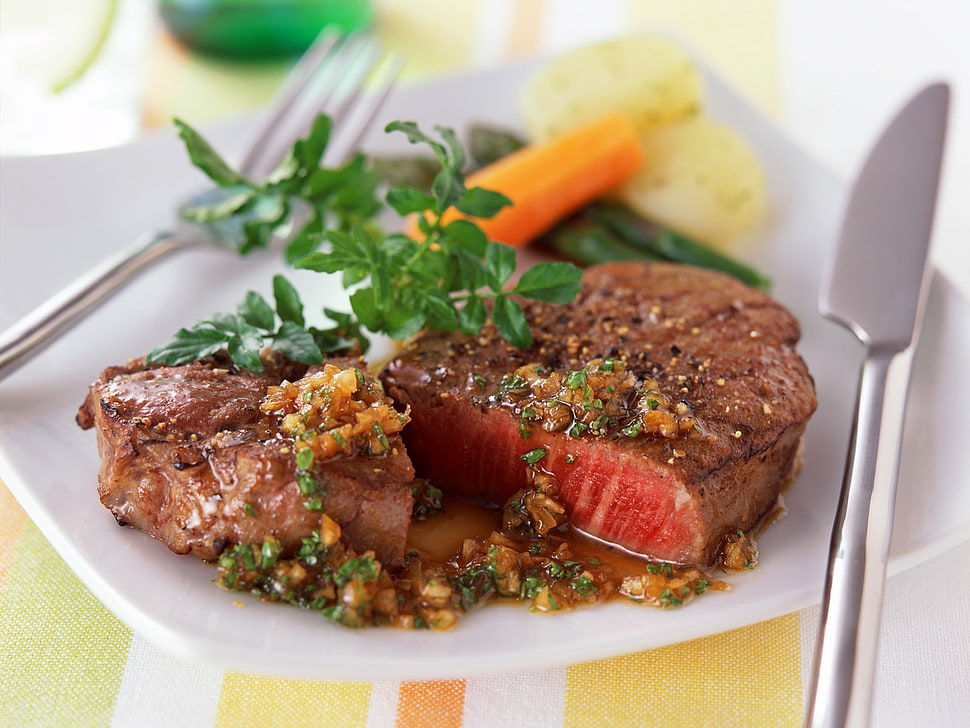 cooked meat on white ceramic plate HD wallpaper