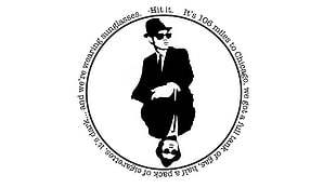 man in formal coat logo, minimalism, Blues Brothers, quote