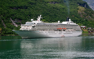 white cruise ship cruising on the waters of mountain side beach during daytime