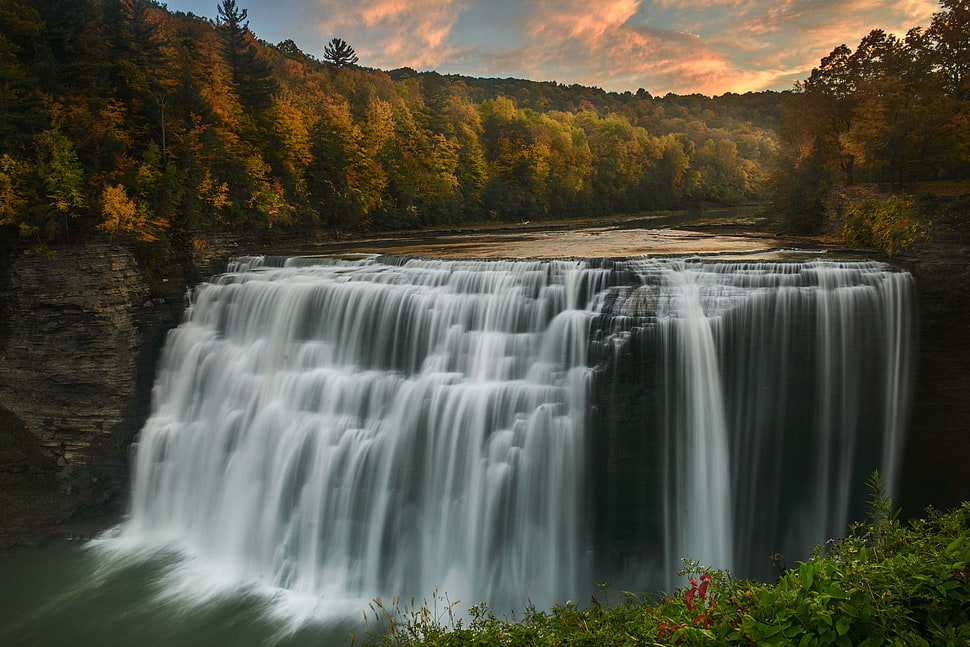 waterfalls illustration, waterfall, trees, fall, landscape HD wallpaper