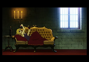 red and black leather sofa set, anime, blonde