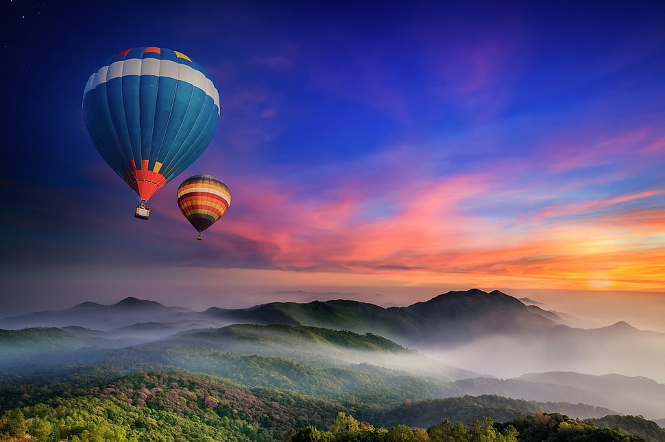 blue and orange air balloons, landscape, nature HD wallpaper