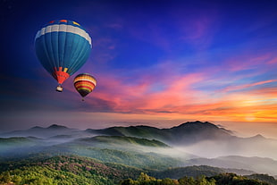 blue and orange air balloons, landscape, nature