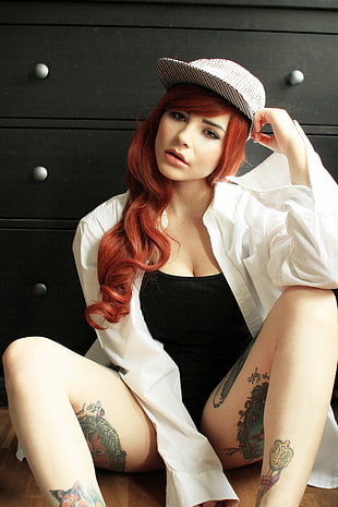 women's white dress shirt, women, model, redhead, long hair HD wallpaper