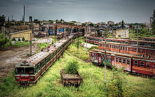 red passenger trains, apocalyptic, train station, train, HDR