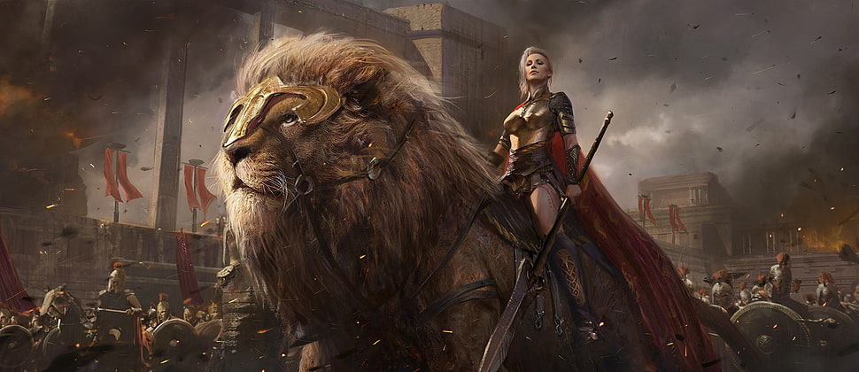 armor, fantasy art, warrior, lion HD wallpaper