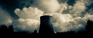 black and white ceramic vase, tower, dark, clouds, cooling towers HD wallpaper