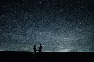 silhoutte photo of a man and woman holding each other's hand with a sky of full of stars