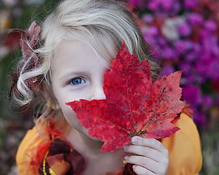 selective focus photography of a girl holding red leaf