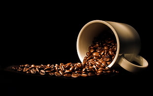 coffee bean lot and white mug, drink, coffee, cup, coffee beans