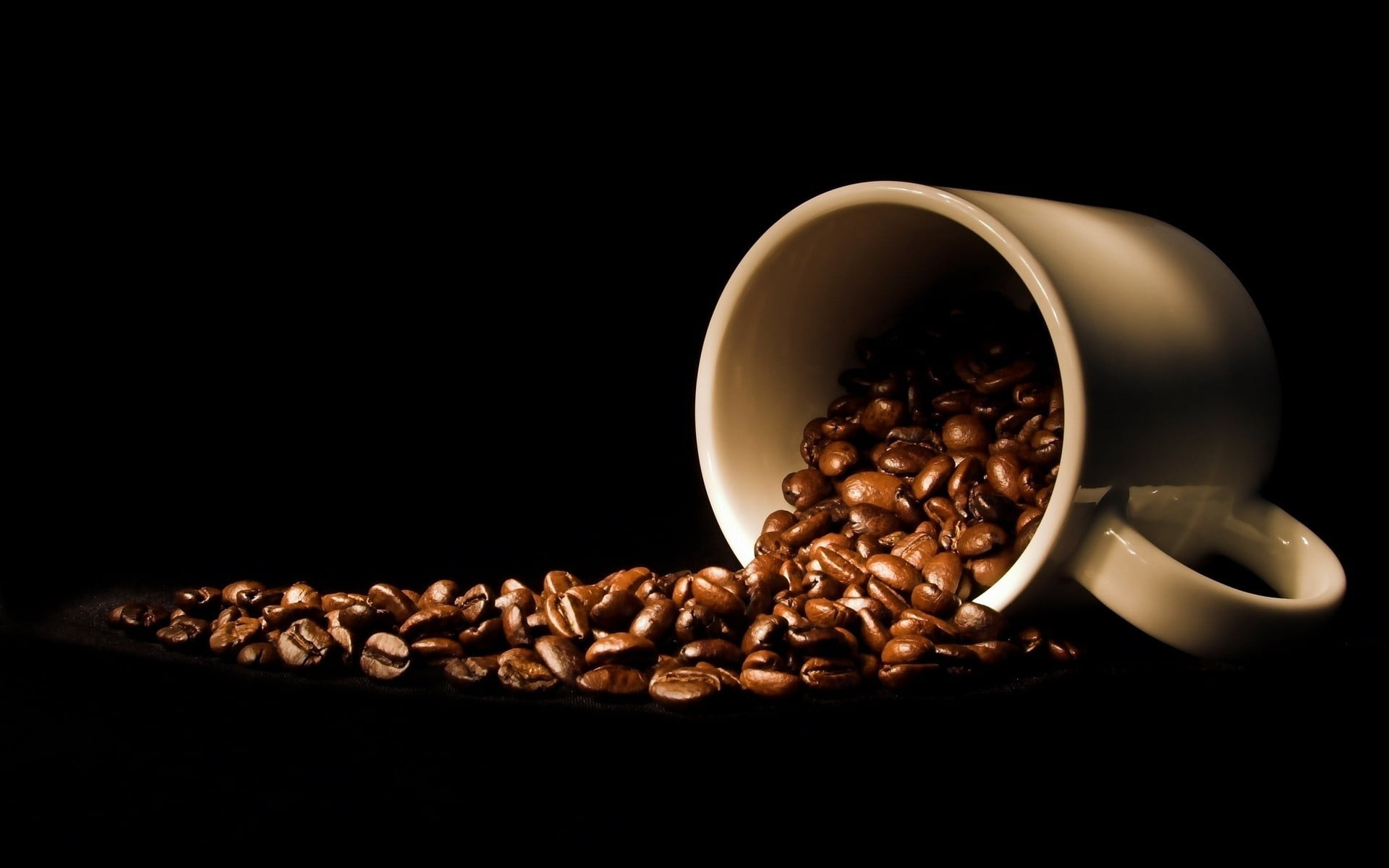 coffee bean lot and white mug, drink, coffee, cup, coffee beans