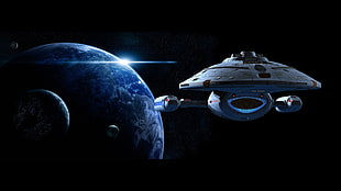 white and brown spaceship, Star Trek, space, planet, Star Trek Voyager