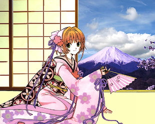 yellow haired pink dressed anime character and Mt. Fuji