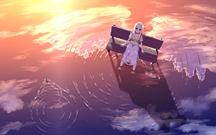 female anime character illustration, syego, wings, waves, water