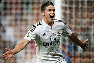 men's white and black Adidas short-sleeved jersey shirt, Real Madrid, James Rodriguez, soccer, men HD wallpaper