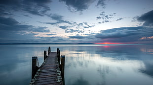 brown dock, sunset, water, pier