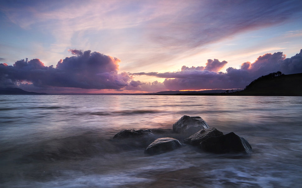 gray rocks, water, clouds, rock, landscape HD wallpaper