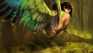winged woman wearing green robe artwork
