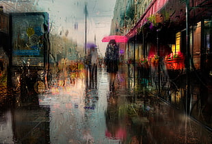 raining on street painting, St. Petersburg, rain, urban, water drops