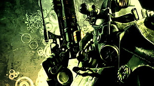 online game digital wallpaper, digital art, Fallout, gun, power armor