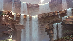 waterfalls digital wallpaper, water, waterfall, rock, artwork