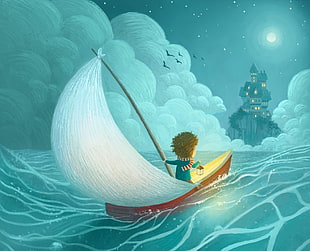 boy holding lantern on sailing boat colored illustration