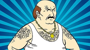 man in white tank top with gold-colored necklace illustration