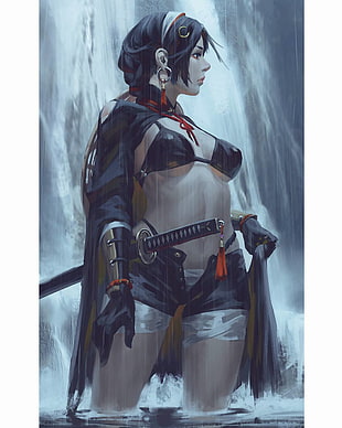 black haired female warrior character illustration, GUWEIZ, samurai, sword, katana HD wallpaper