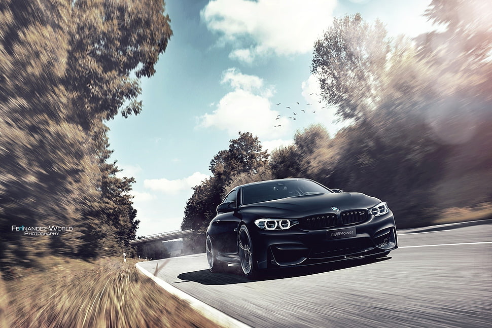 black BMW sedan, car, BMW M4, BMW, motion blur HD wallpaper
