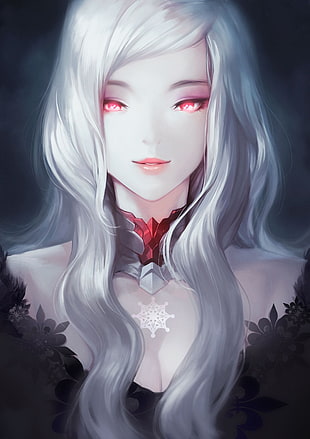 gray haired female anime character, red eyes, white hair, portrait display