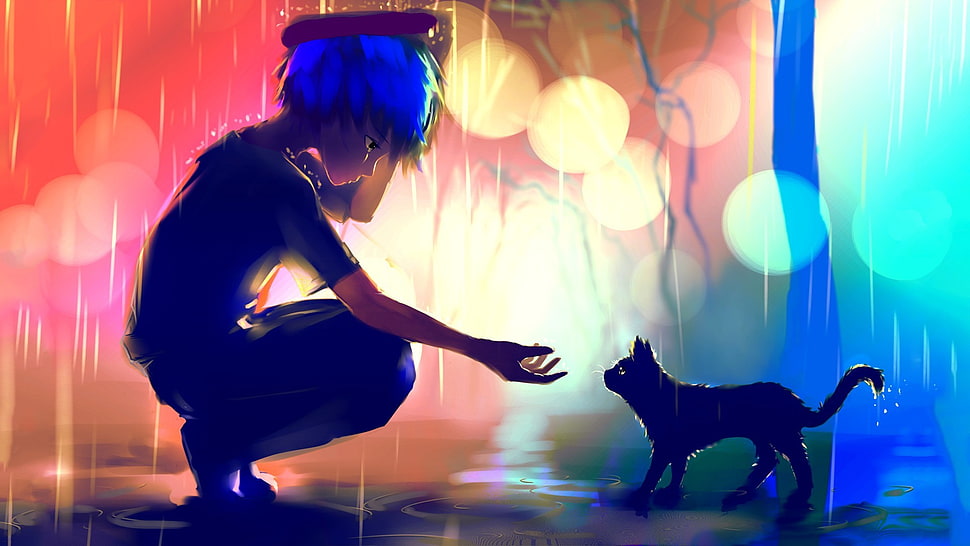 blue haired anime boy painting HD wallpaper